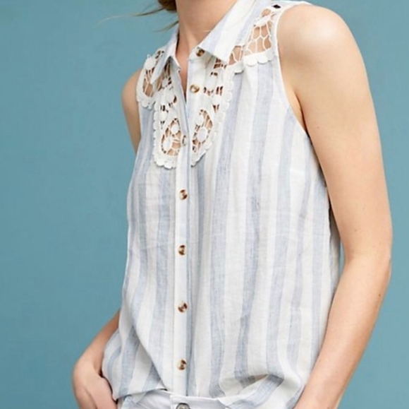 Maeve Edinboro Linen Striped Lace Top - Picture 1 of 4